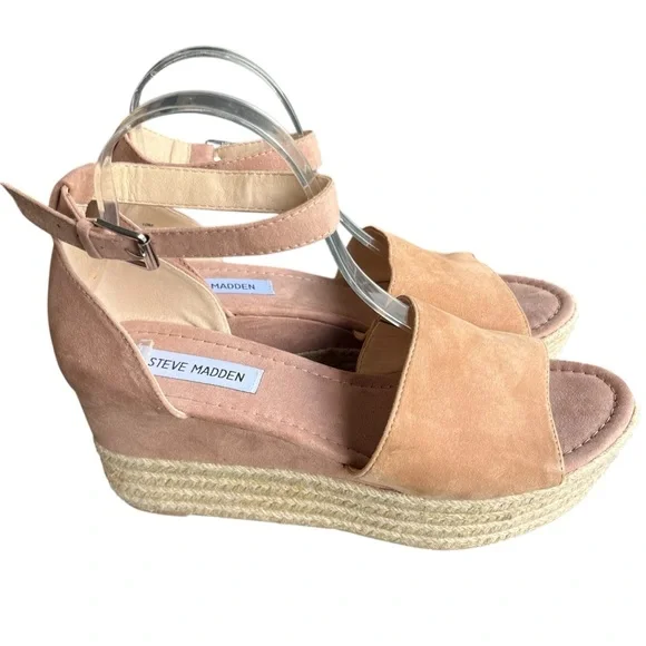 Steve Madden Apolo Espadrille Platform Wedges Sandals Size 10 Tan Suede Like New - Picture 2 of 8